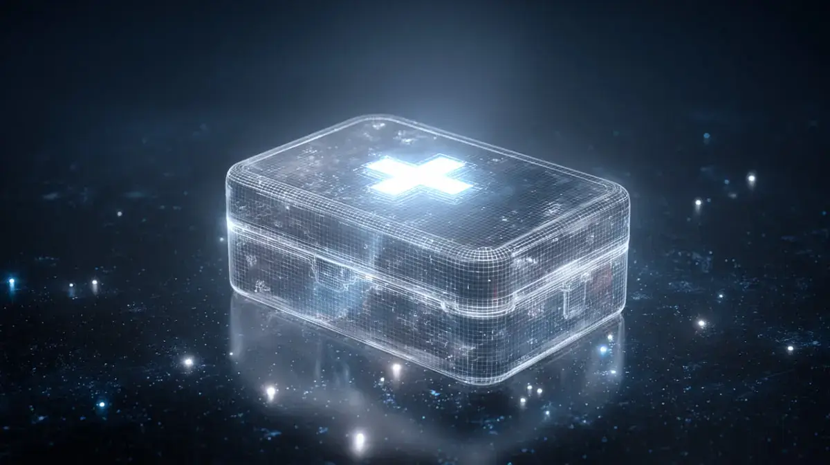 Holographic image of first aid kit standing on a cosmic looking surface