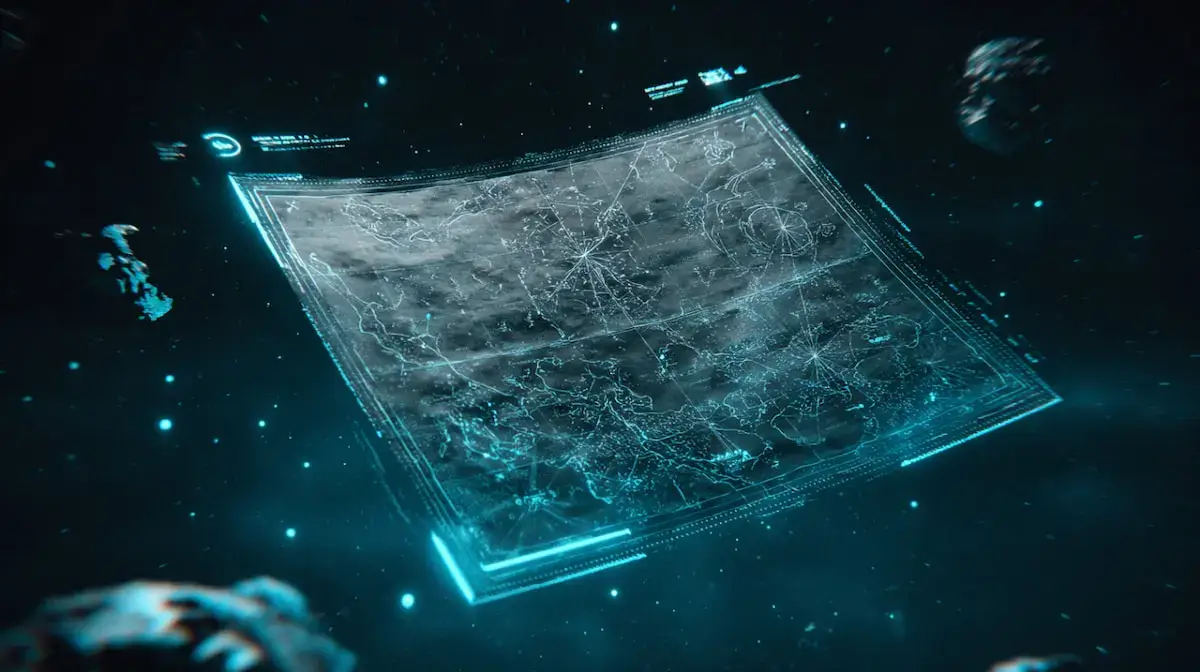 Holographic map depicting stellar territories with meteorites in a background.