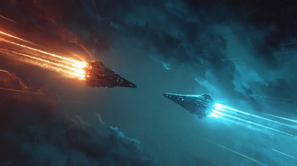 Two spasechips dring battle in clouds