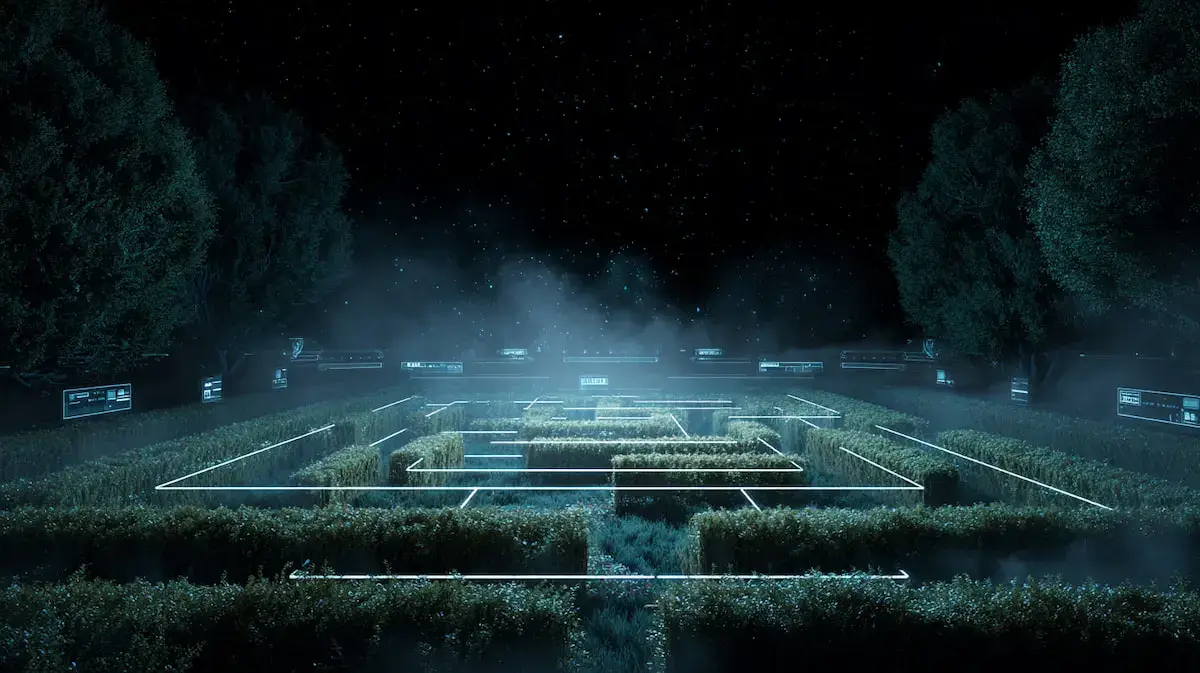 Labirynth set among green bushes with some holographic elements and starry sky.