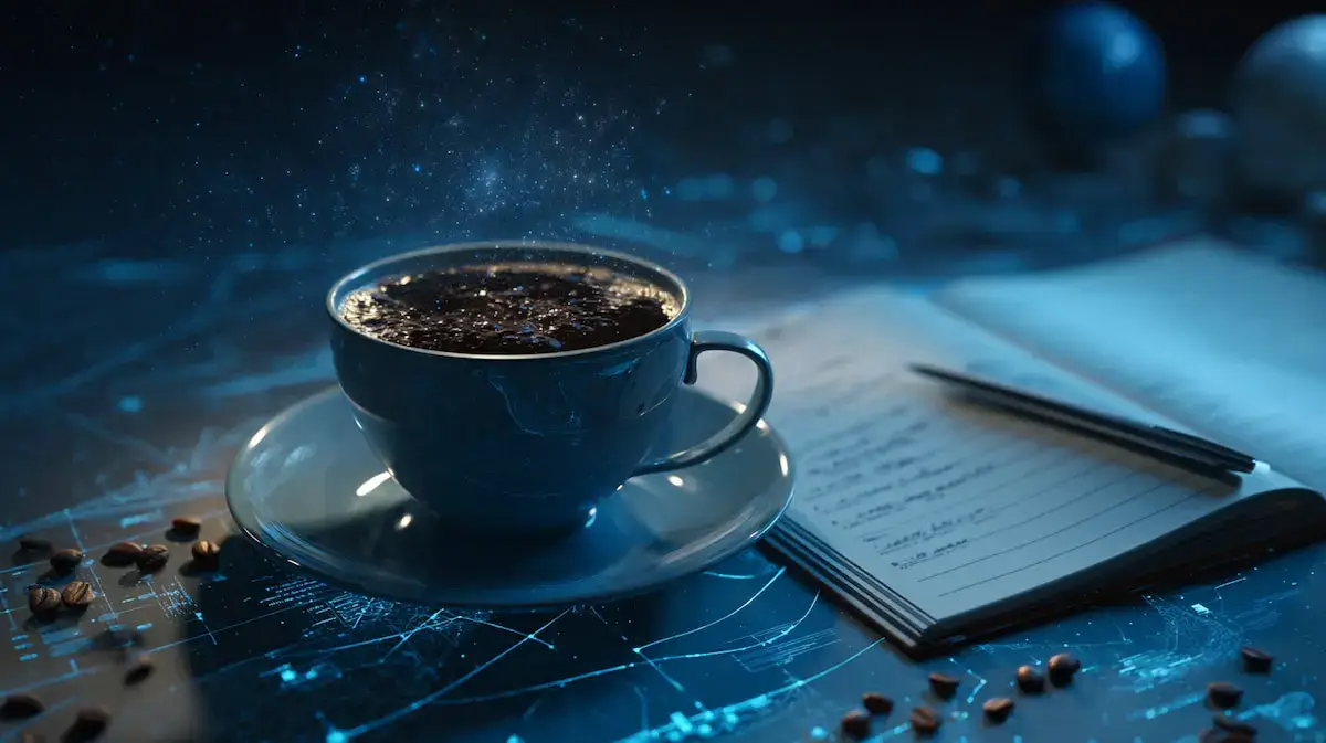 A hot and still steaming cup of coffee standing on the table next to a notebook, with coffee beans scattered around it.