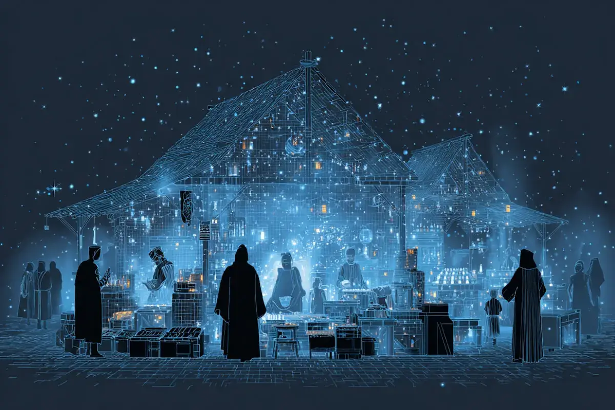 Średniowieczny market częściowo przedstawiony jako hologram