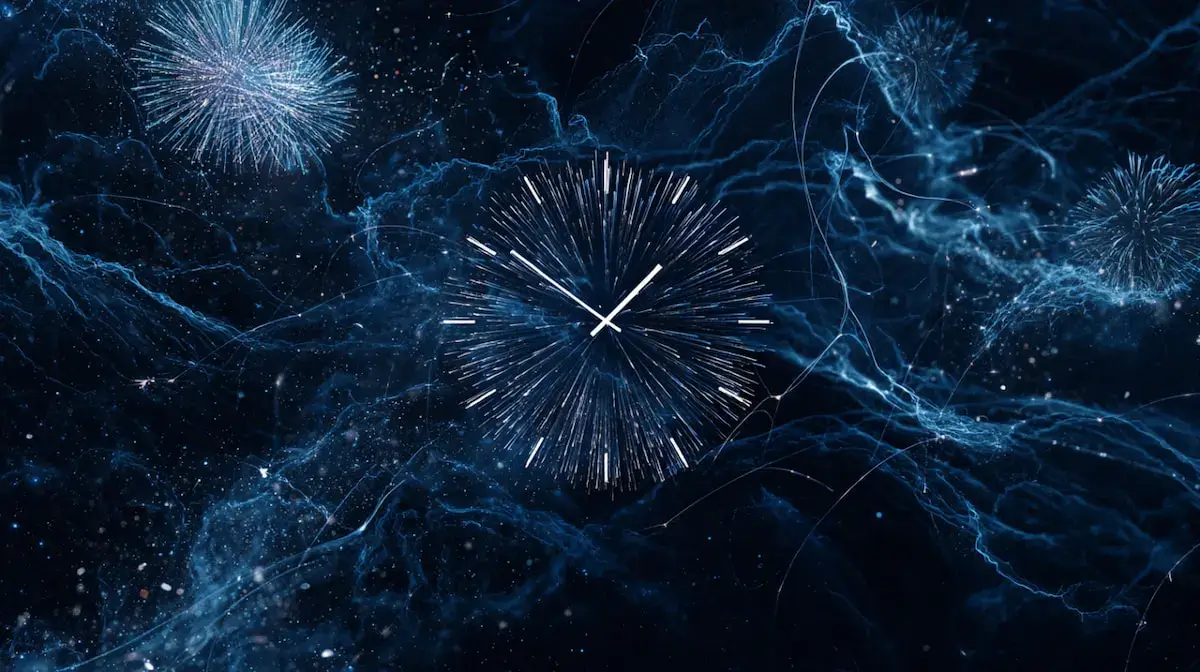 Light fireworks on a dark sky; clock on the foreground