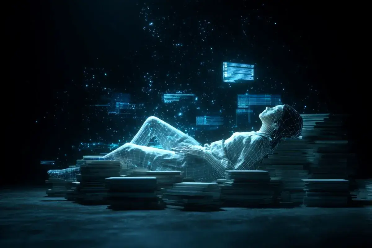 Tired woman laying on books