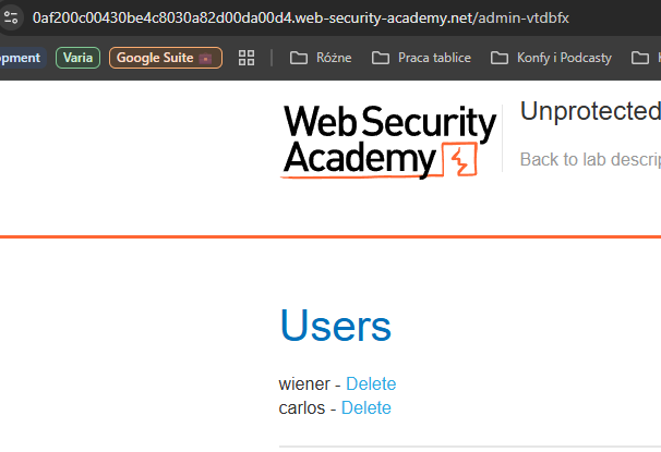 Administrator panel in the PortSwigger lab at /admin-vtdbfx with a list of users and Delete buttons