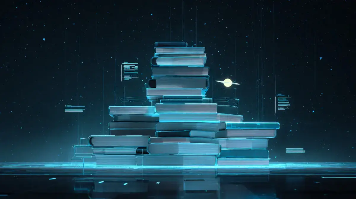 Stos książek podświetlonych neonowym światłem na tle rozgwieżdżonego nieba